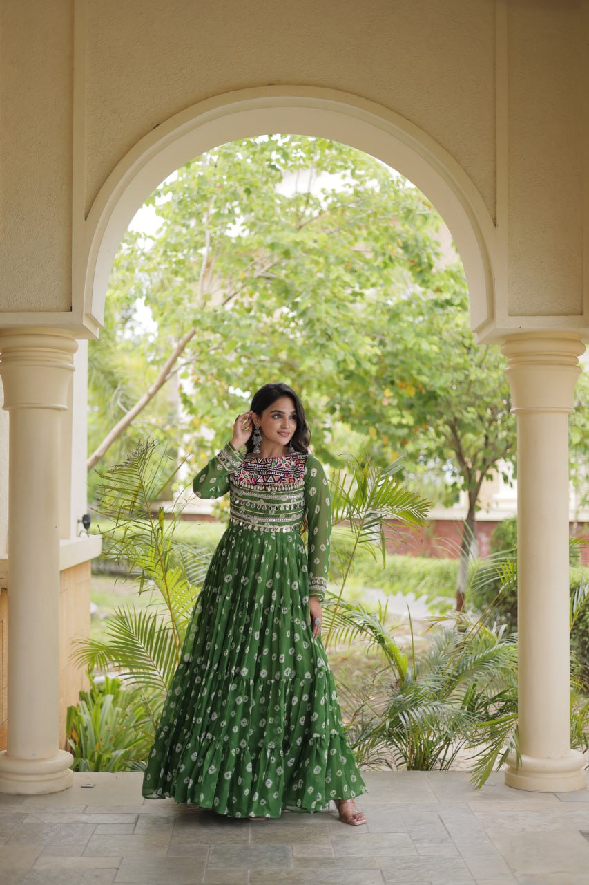 Lavanya Green Faux Georgette Bandhani Kutchi Patchwork Gown
