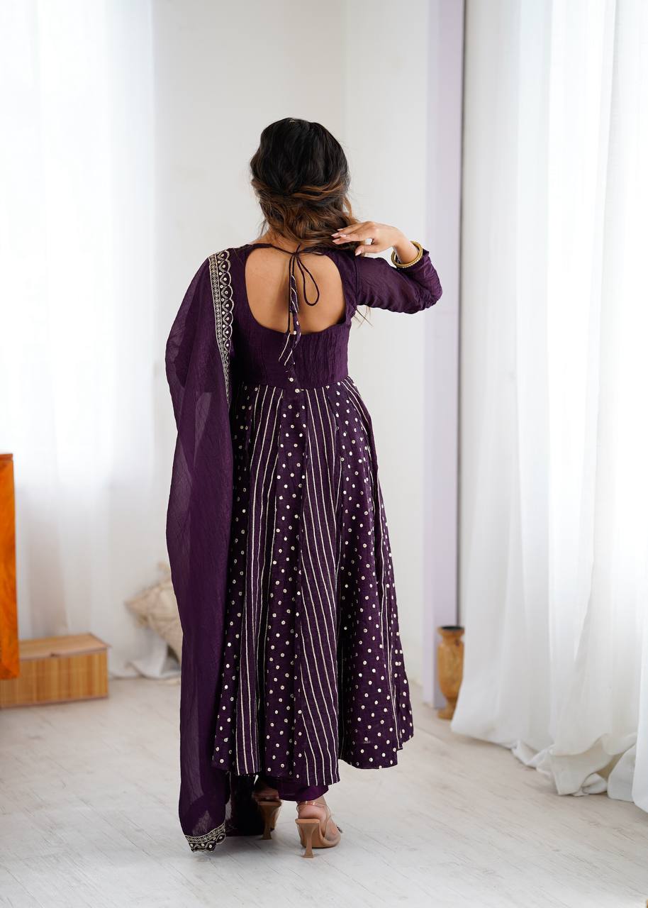 Purple Crunchy Silk Embroidered Anarkali Suit Set