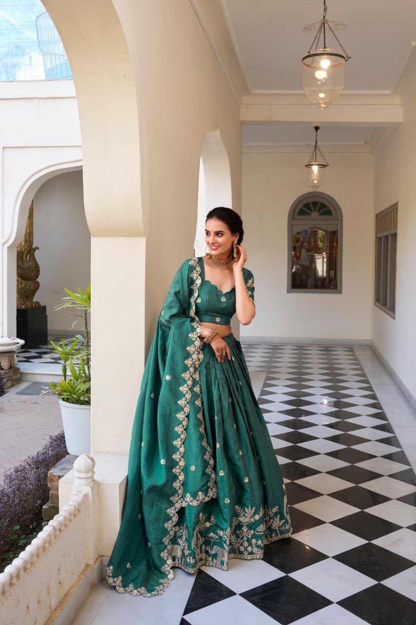Teal green gold crush sequins thread embroidery work lehenga choli