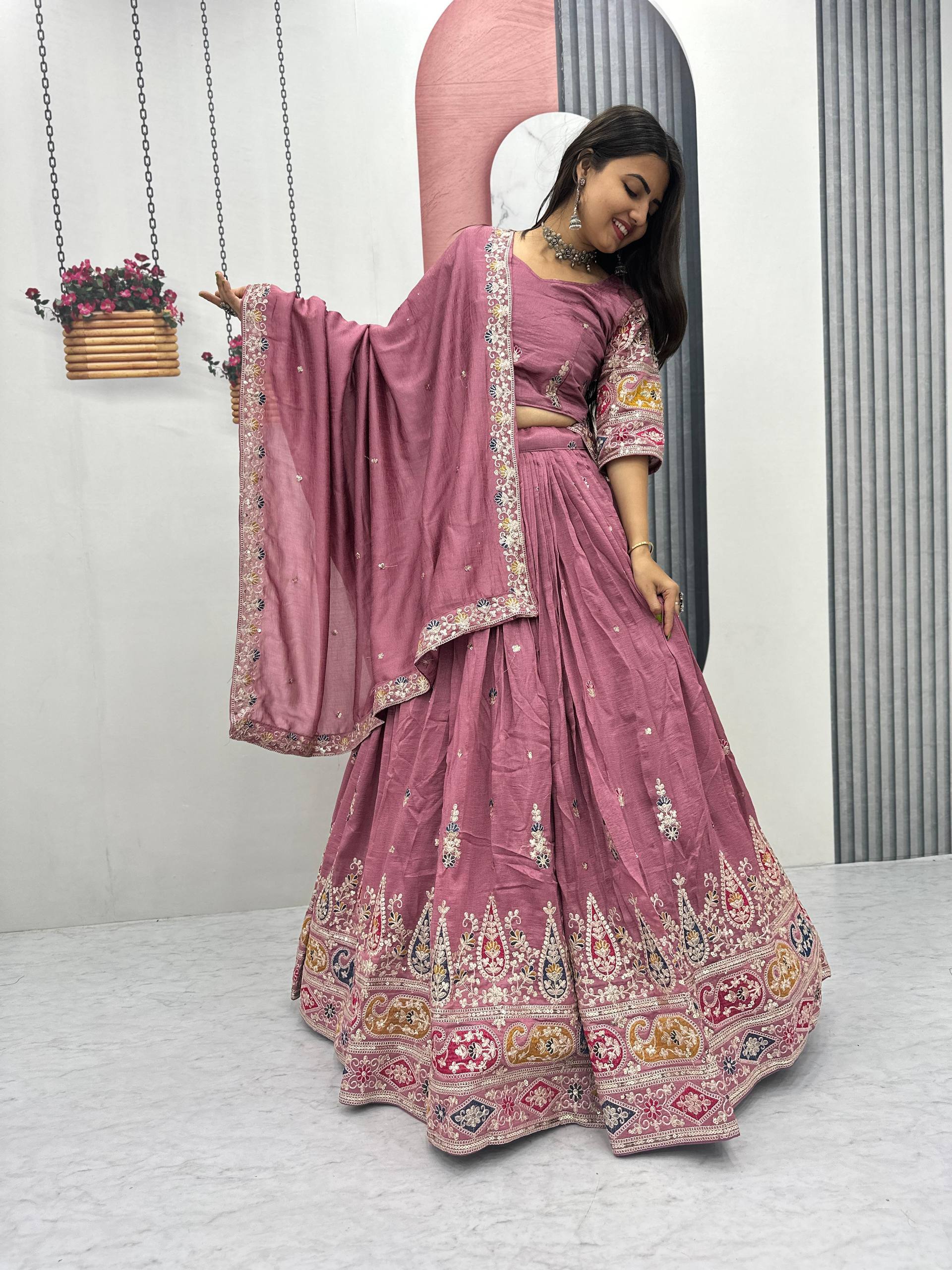 Raji Mauve Pink Vichitra Silk Embroidery Sequins Thread Work Lehenga Choli with Dupatta