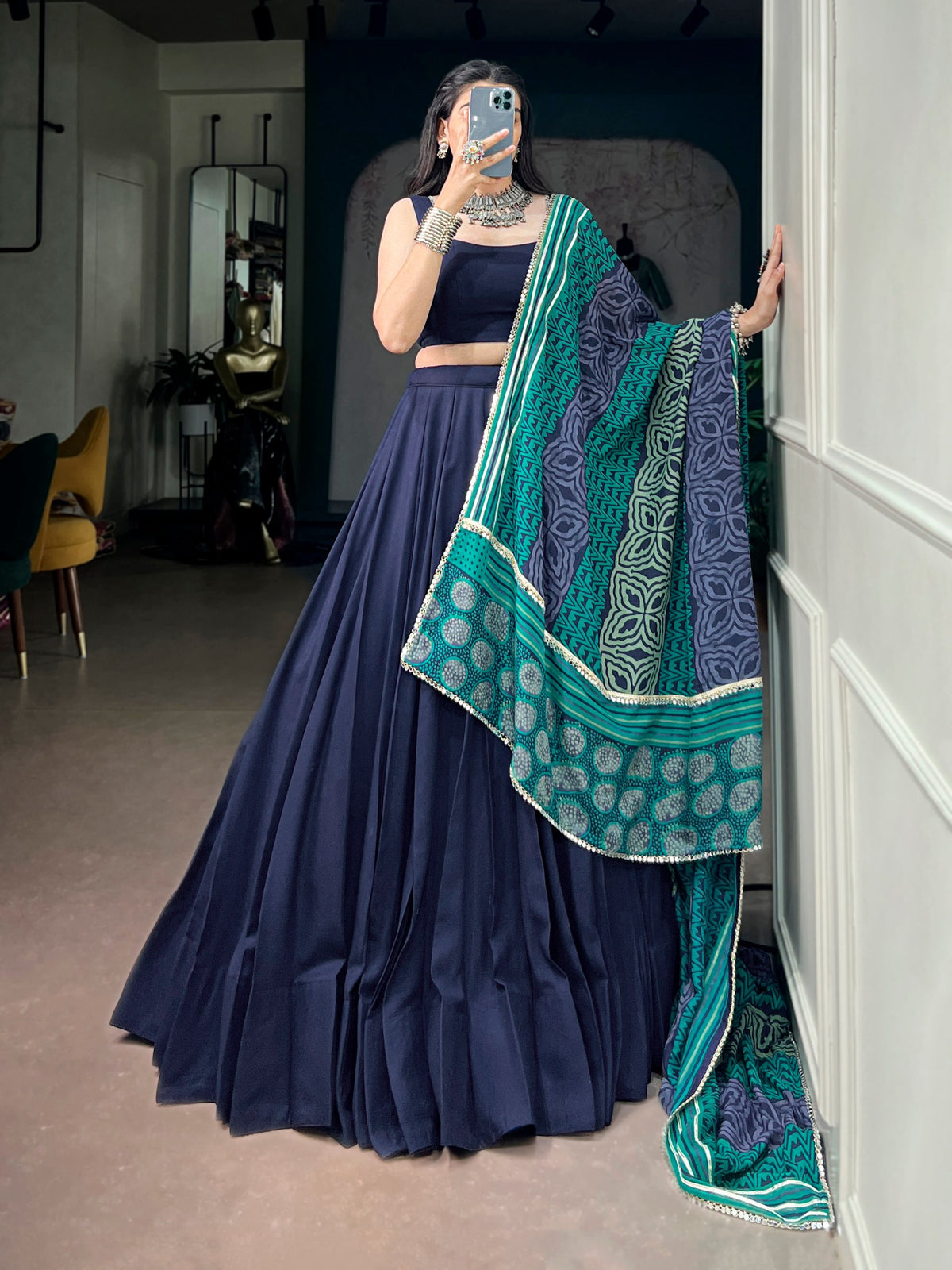 Nandini Blue Reyon Mirror Lace Lehenga Choli