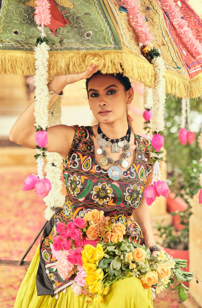 Yellow Pure Rayon Ribbon Work Embroidered Lehenga Choli