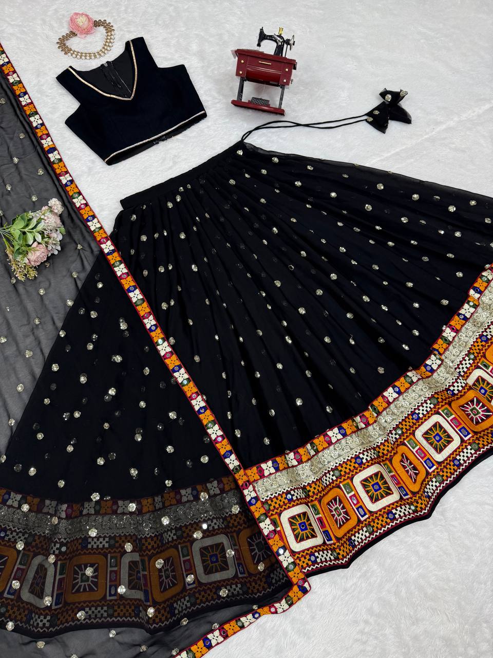 Black Georgette with Gamthi Thread Mirror Work Lehenga Choli with Dupatta