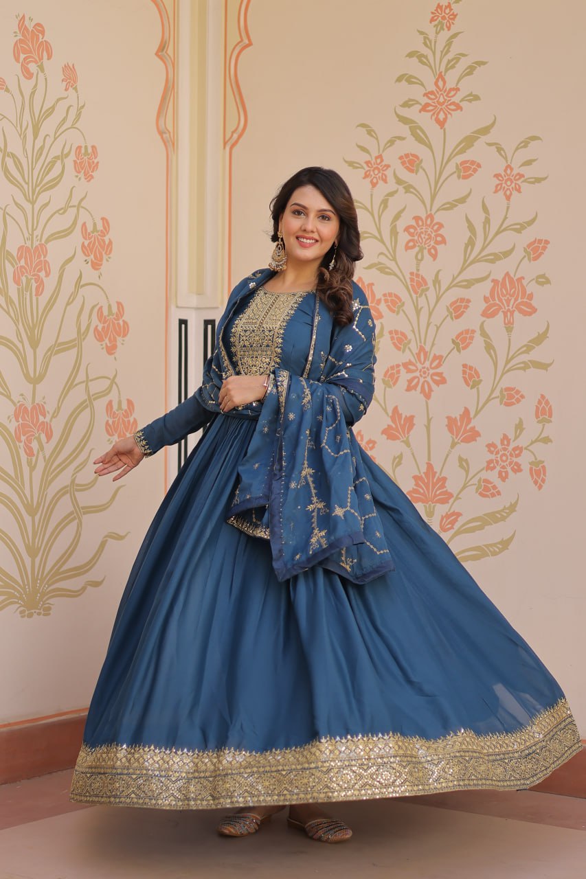 Rama Blue Star Georgette Zari Sequins Embroidered Gown with Dupatta