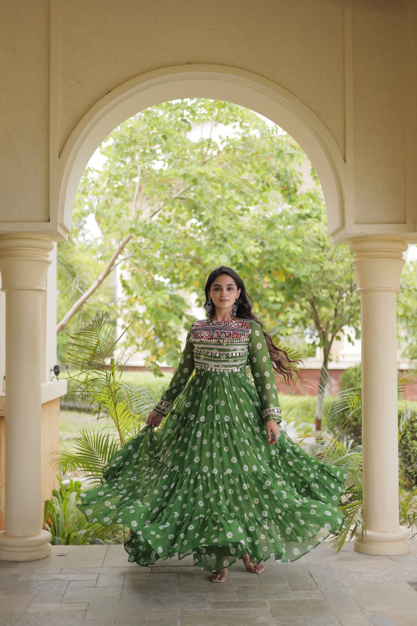 Lavanya Green Faux Georgette Bandhani Kutchi Patchwork Gown