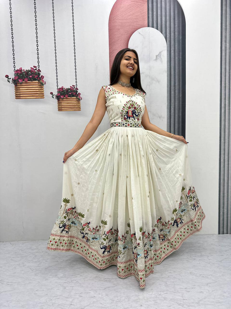 Off-White Chinon Embroidered Designer Gown with Dupatta