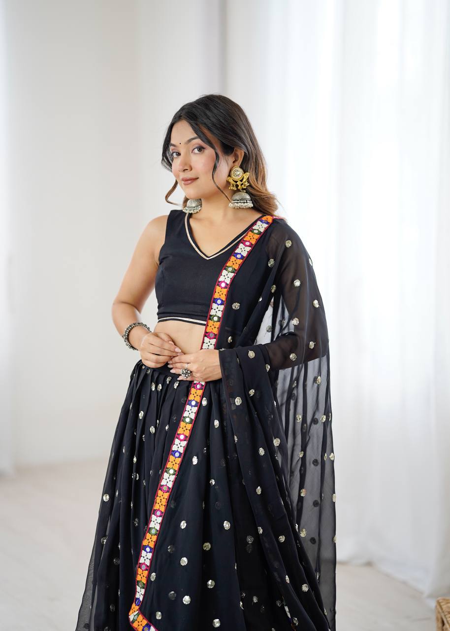 Black Georgette with Gamthi Thread Mirror Work Lehenga Choli with Dupatta