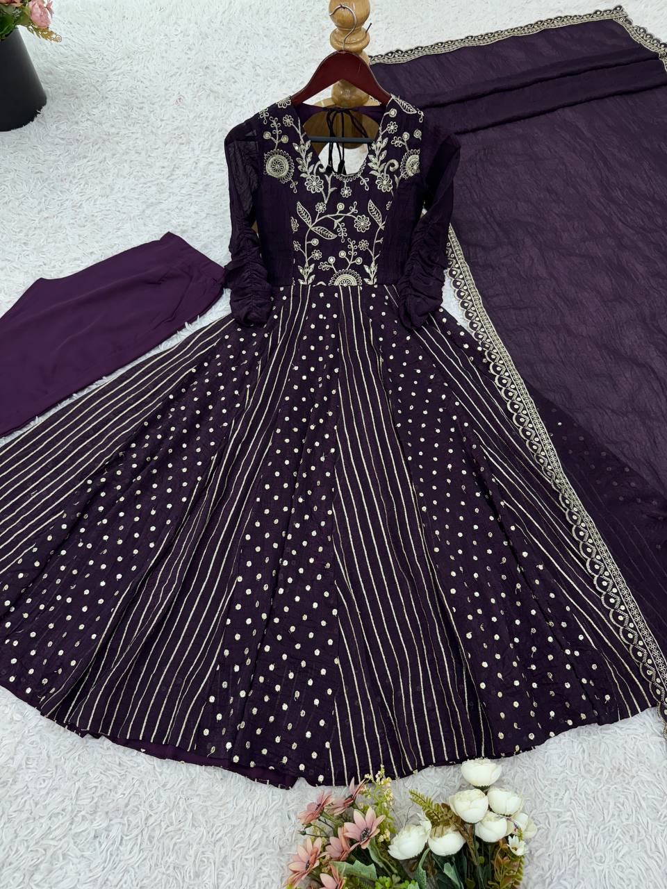Purple Crunchy Silk Embroidered Anarkali Suit Set