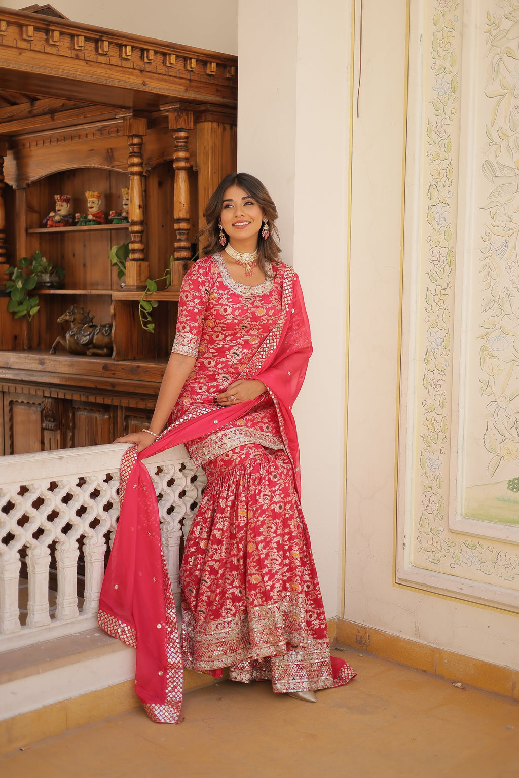 Krishnapriya Rani Pink Viscose Embroidered Kurti Gharara Set