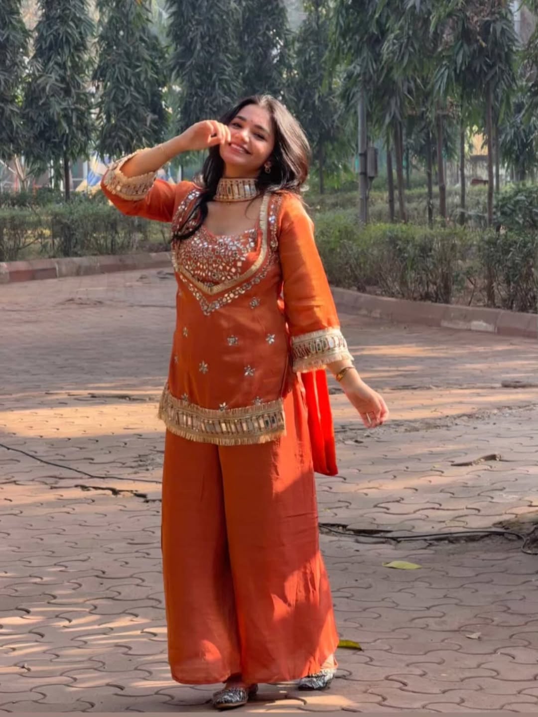 Suhani Orange Fendy Silk Real Mirror Work with Lace Border Kurti Sharara Set