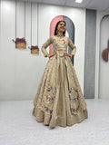 Mani Beige Color Vichitra Silk Crop Top Peacock Design Lehenga with Embroidered Shrug