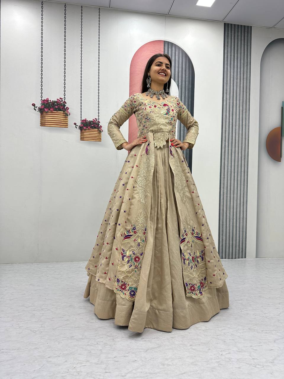 Mani Beige Color Vichitra Silk Crop Top Peacock Design Lehenga with Embroidered Shrug