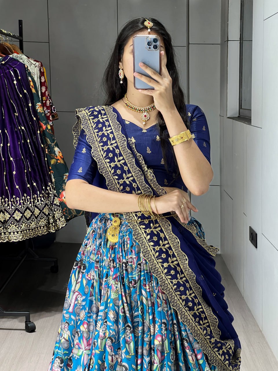Blue Color Kalamkari Soft Dola Silk Half Saree Lehenga with Embroidered Dupatta
