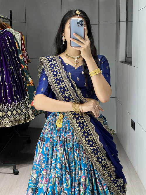 Blue Kalamkari soft dola silk half saree lehenga with embroidered dupatta
