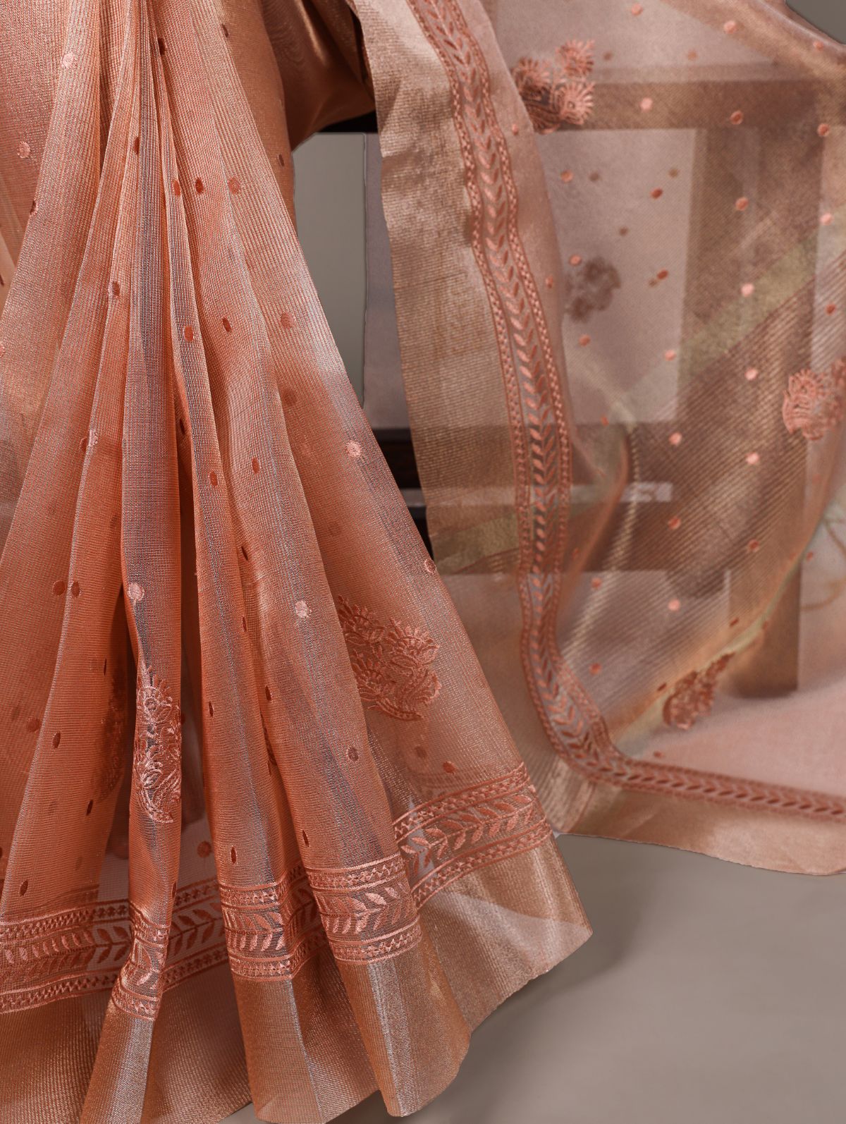 Orange Color Poly Shimmer Thread Embroidered Saree with Unstitched Blouse