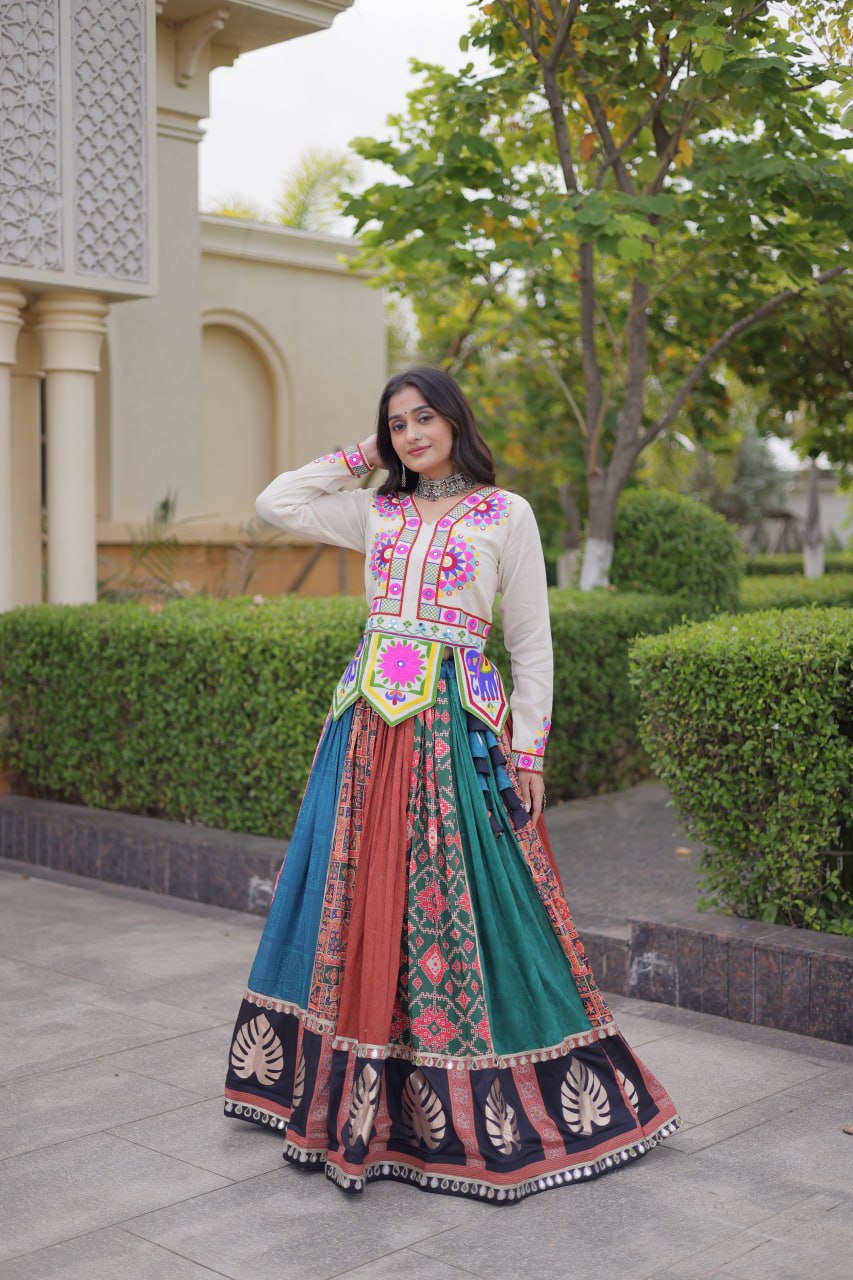 Dhriti Multicolor Cotton Printed Gota Lehenga Choli