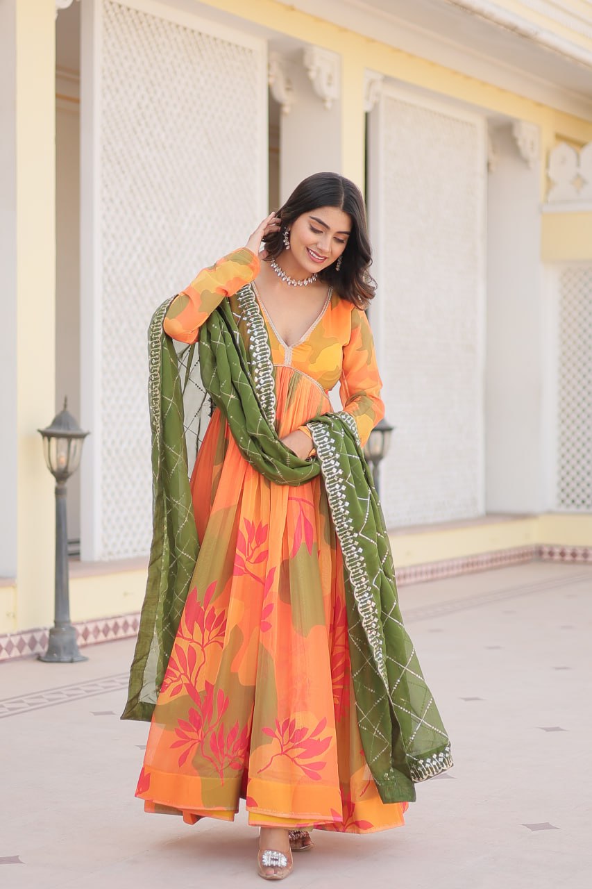 Savitri russian silk printed alia cut orange anarkali suit set