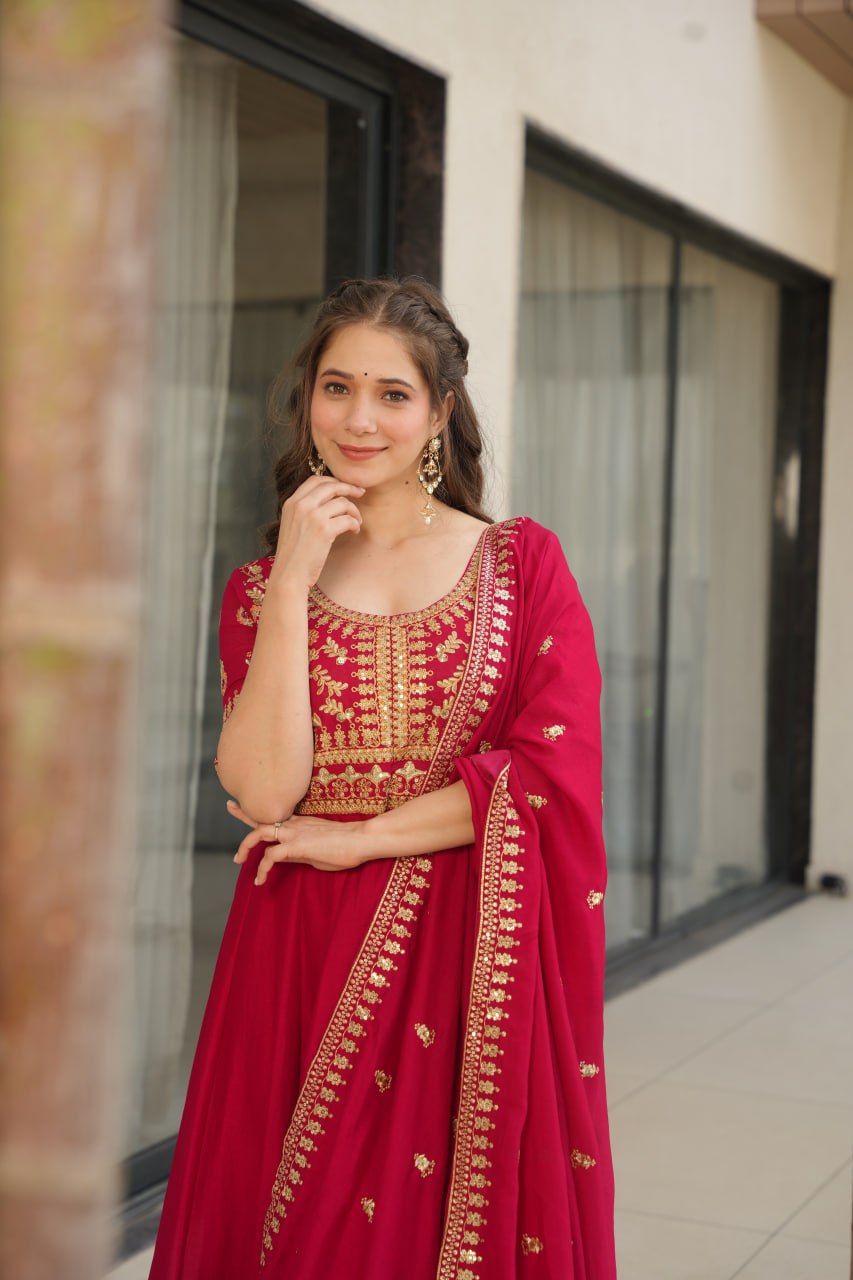 Aadishri Pink Vichitra Silk Gown with multi-sequins and zari embroidery – perfect Indian ethnic wear for weddings, party wear dresses for women, designer gown for women, traditional Indian dress, Indian clothing for women, ethnic wear for girls, gown for wedding function, Indian dress online shopping, full sleeve gown for women, festive wear for ladies.