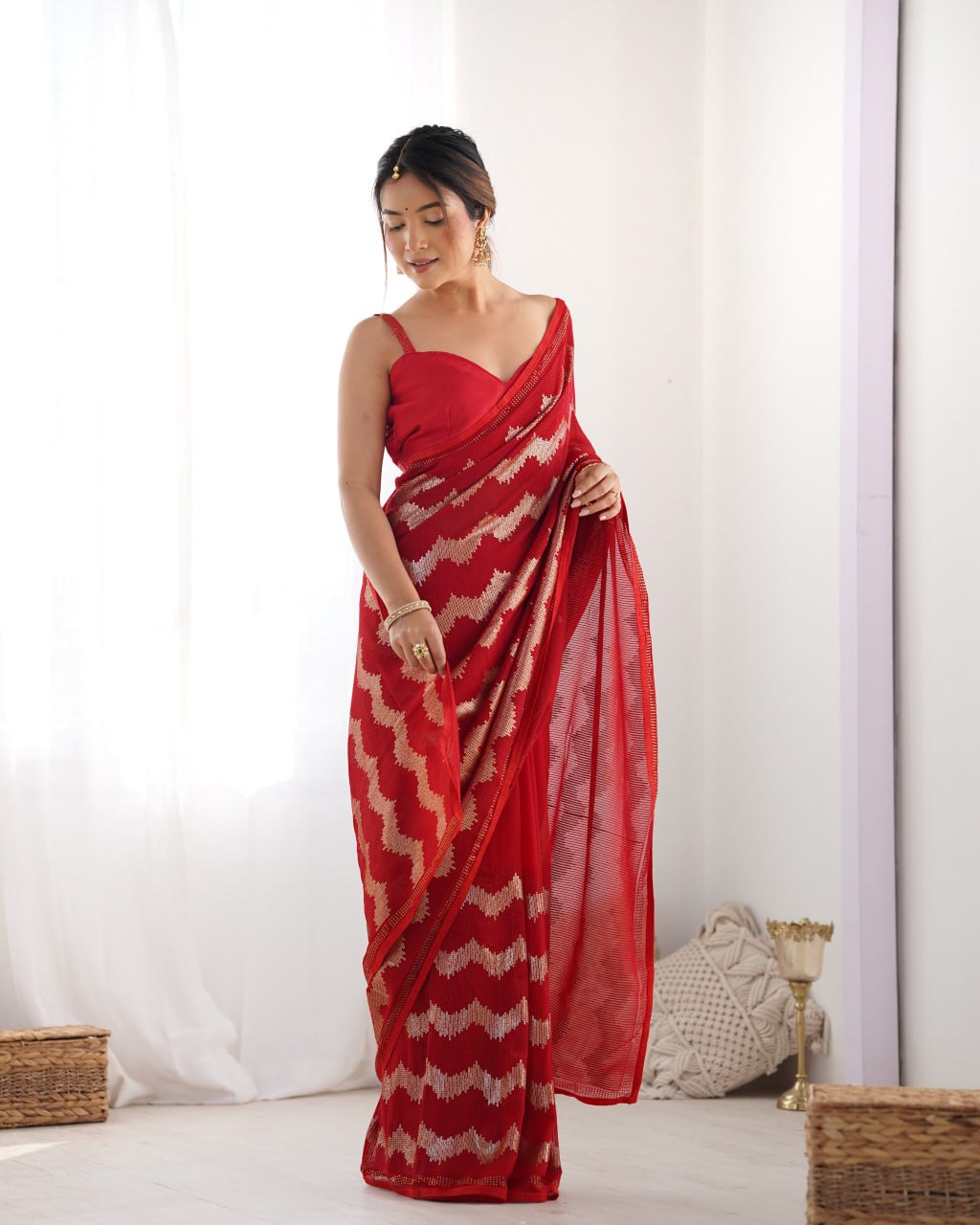 Red georgette saree with sequin & Seroski diamond work, bridal party wear saree with satin blouse, designer ethnic wear by Trinaari for weddings.
