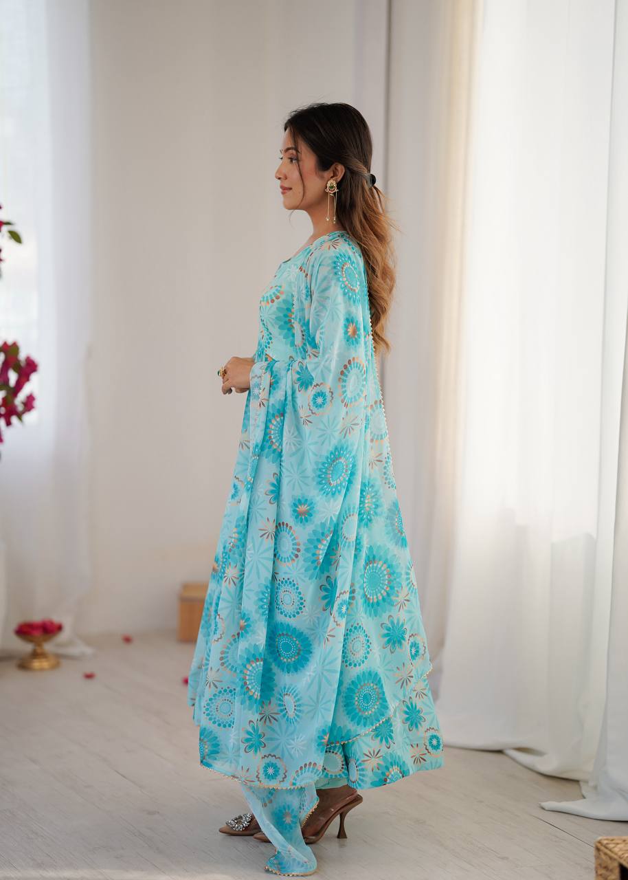 Sky Blue Fox Georgette Floral Print Anarkali Suit Set