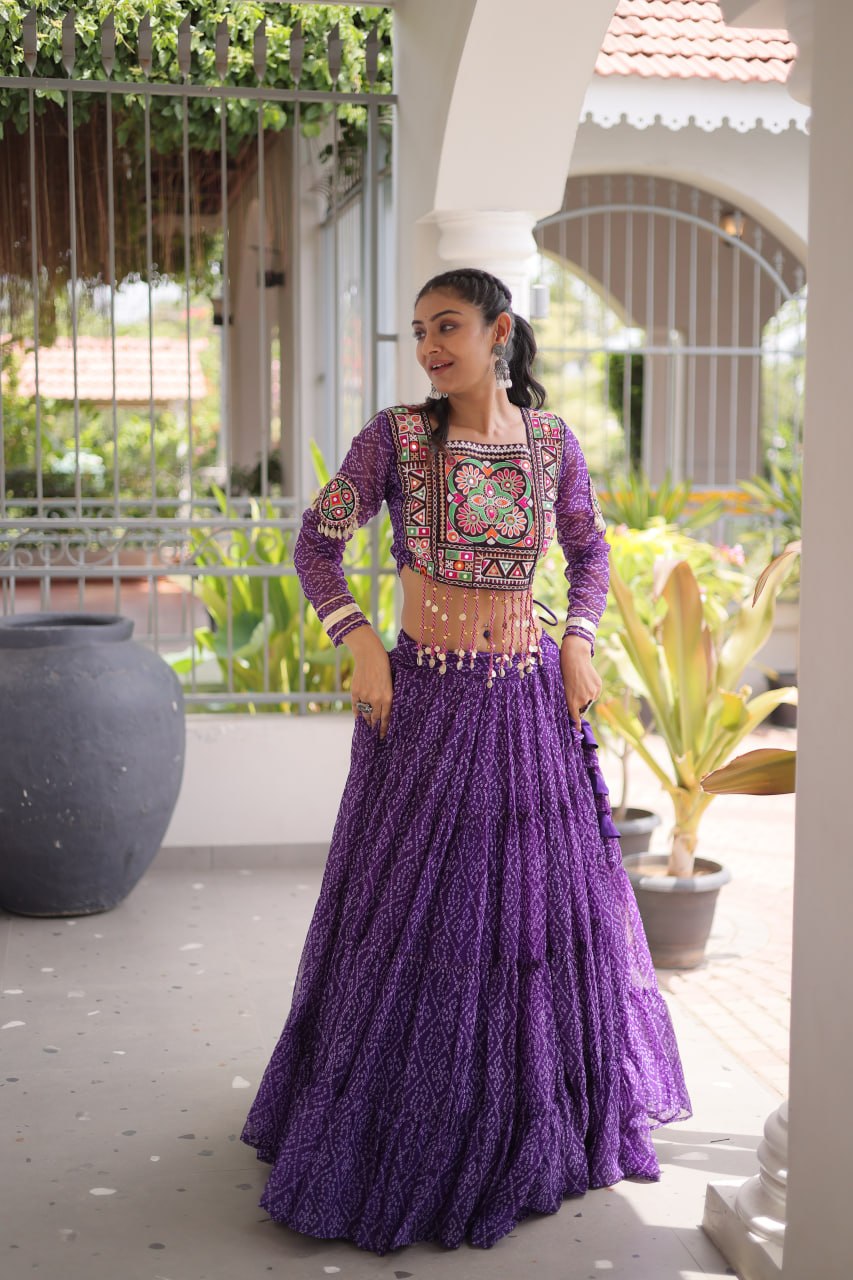 Anjali Purple Faux Georgette Bandhani Kutchi Patchework Lehenga