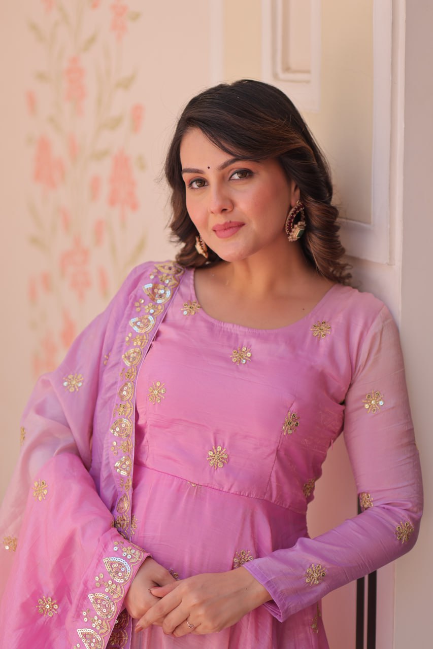 Pink Organza Flair Sequins Zari Embroidery Gown with Dupatta