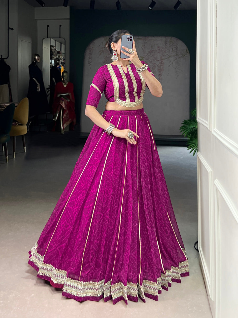 Wine Color Chiffon Bandhej Print Gota Patti Lace Work Lehenga Choli