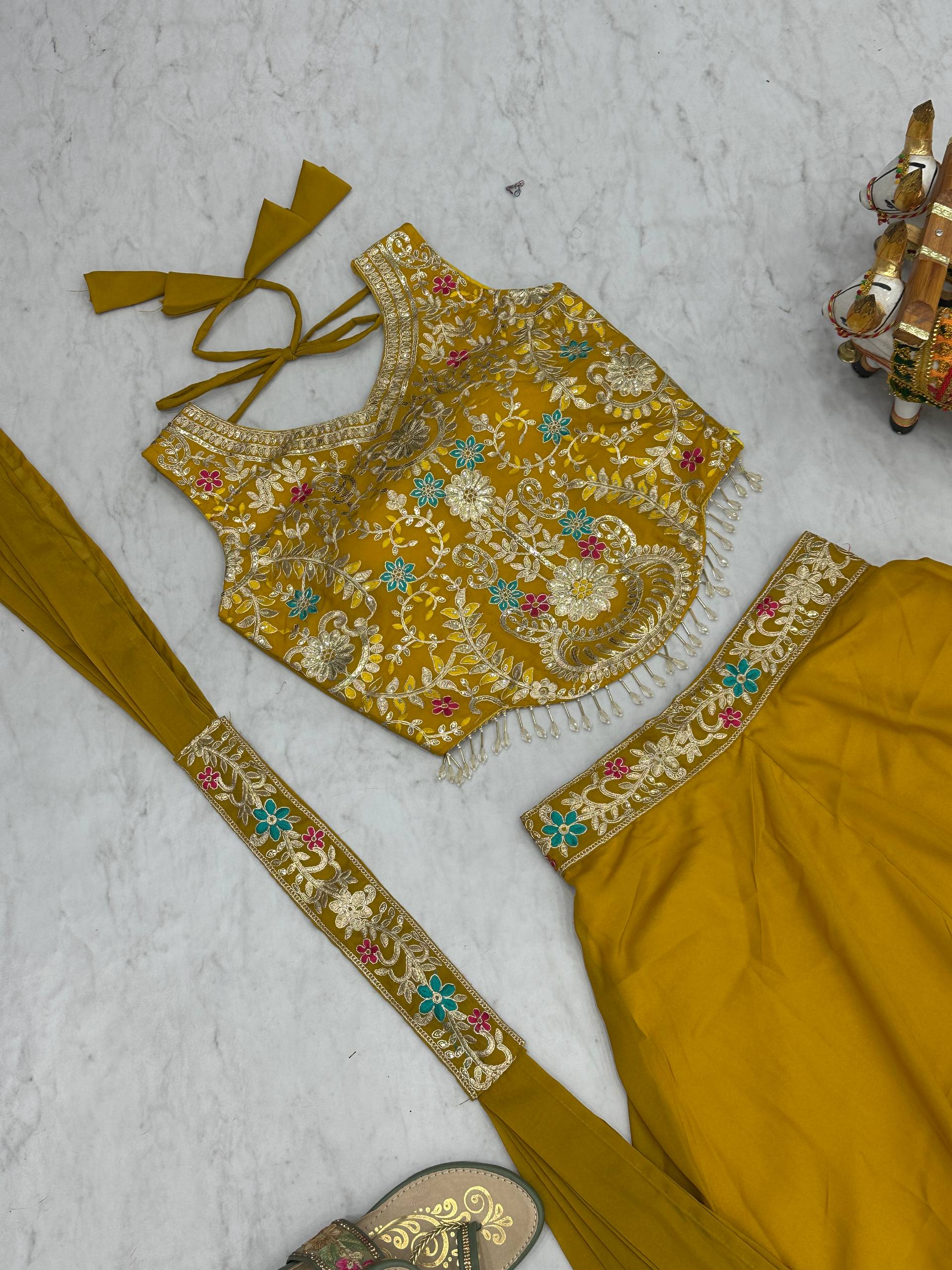 Stuti Mustard Yellow Star Georgette Sequins Thread Embroidery Work Top Palazzo Set