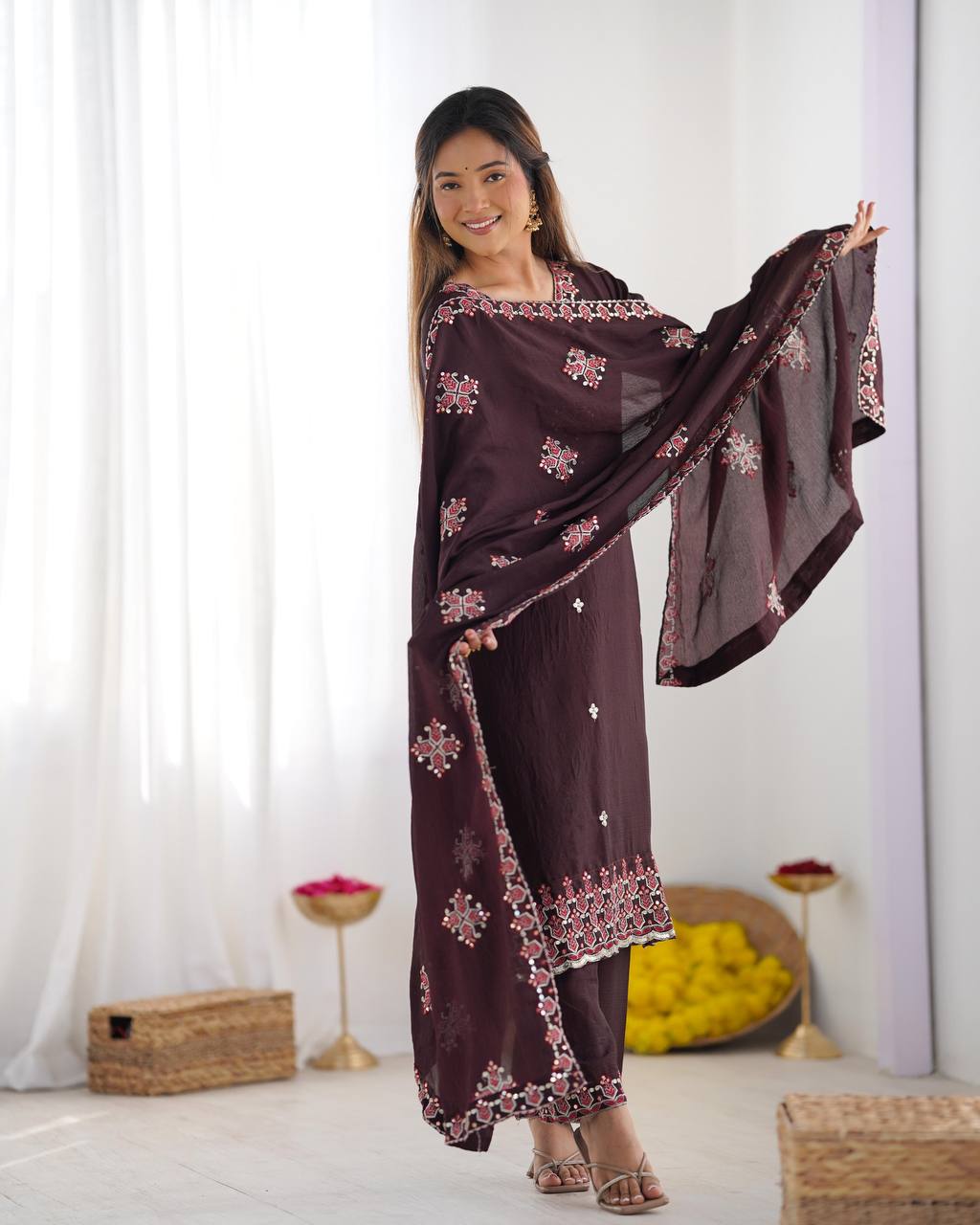 Anvitha Brown Chinon Silk Kurti Set with 5mm sequin embroidery, lace detailing & dupatta – festive ethnic wear for women.