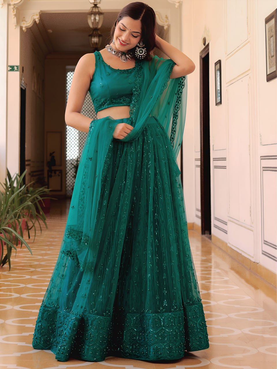 Teal green soft net thread sequins pearl embroidery lehenga choli