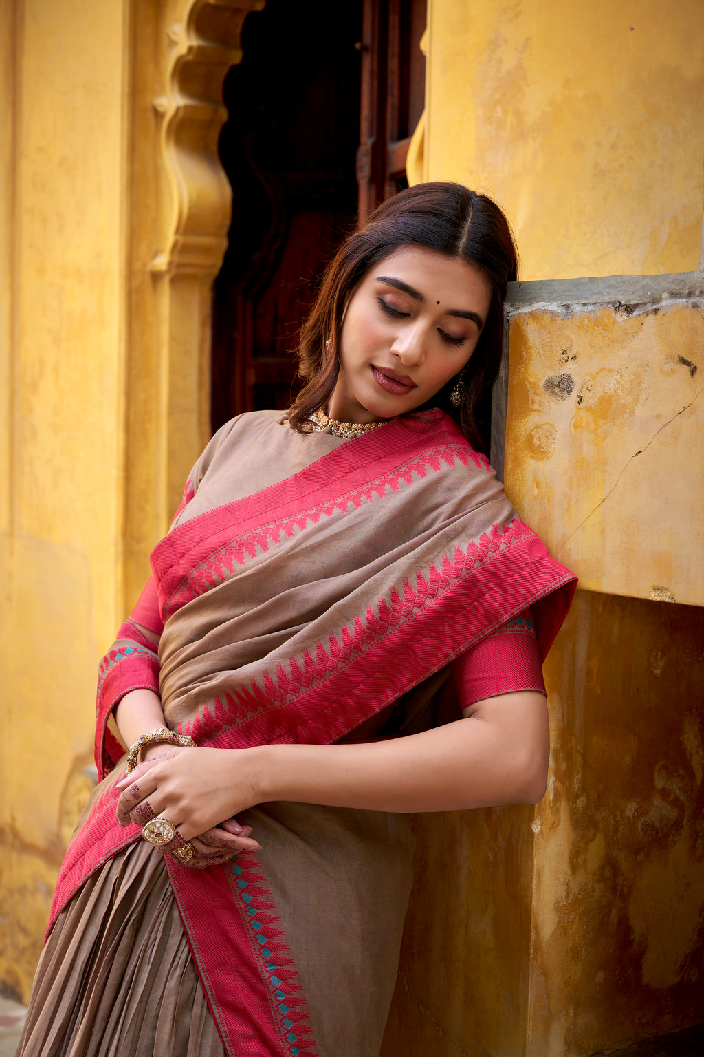 Swastika light brown pure Chanderi thread work half saree lehenga