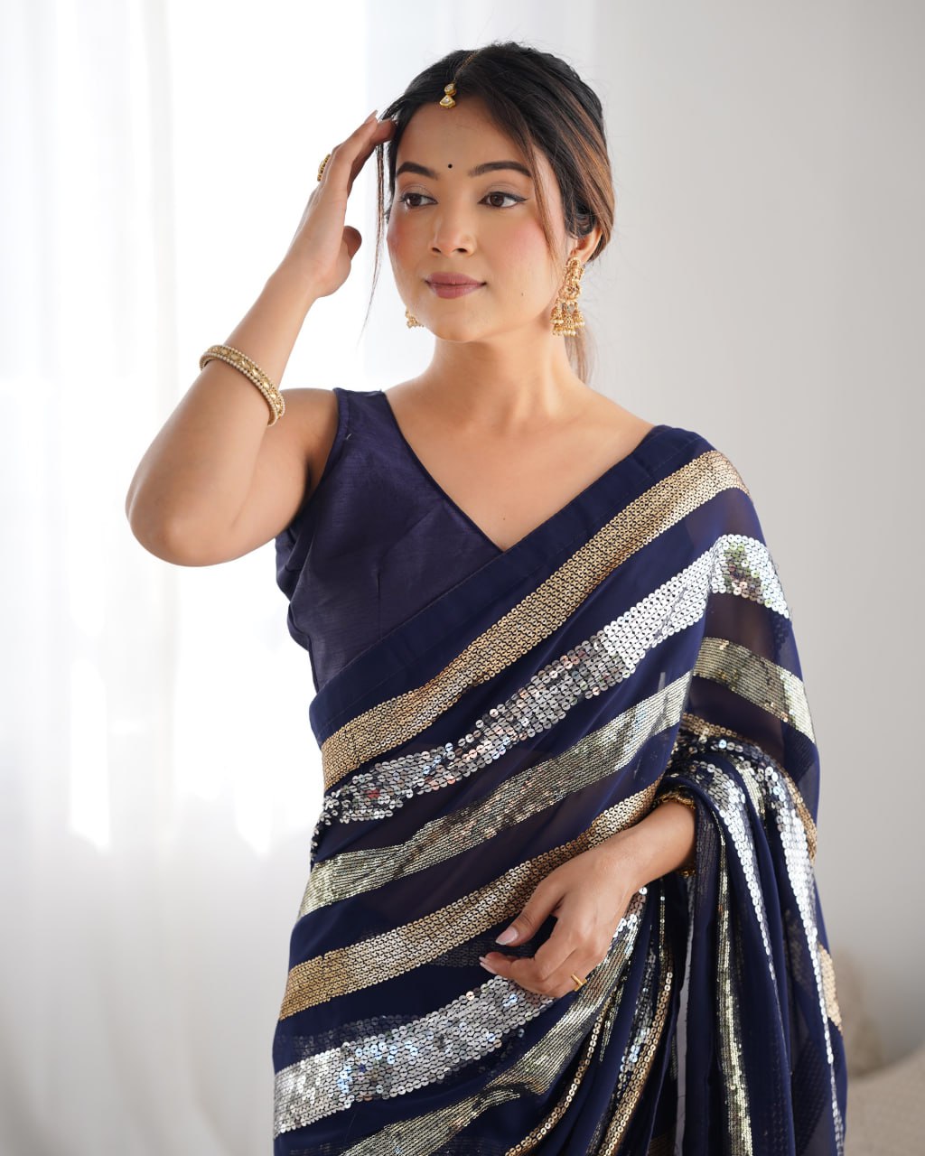 Kira Deep Blue Sequin Embroidery Georgette Saree