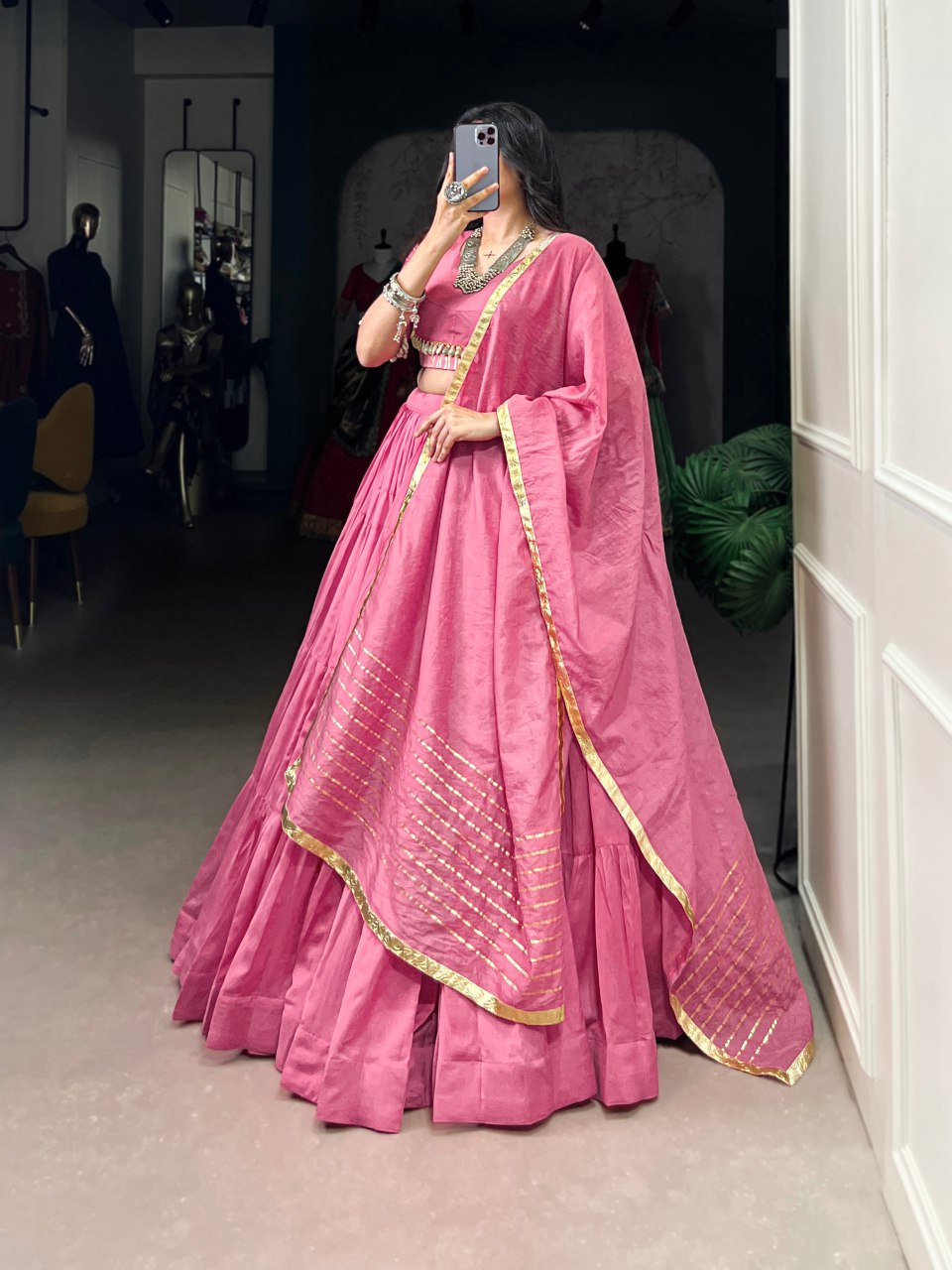 Pink Pure Chanderi Cowrie Work Lehenga Choli With Dupatta