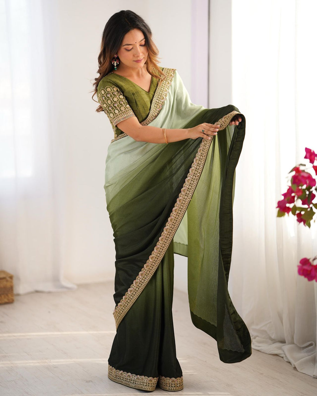 Shanvika pista green pure Chinon silk saree with delicate thread embroidery and sequin lace border, paired with unstitched Mono Benglori embroidered blouse fabric – perfect for weddings, festive celebrations, and party wear 