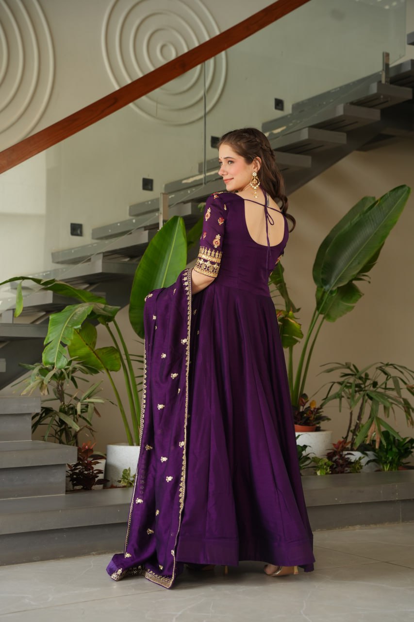 Aadishri Purple Silk Sequins Embroidered Gown