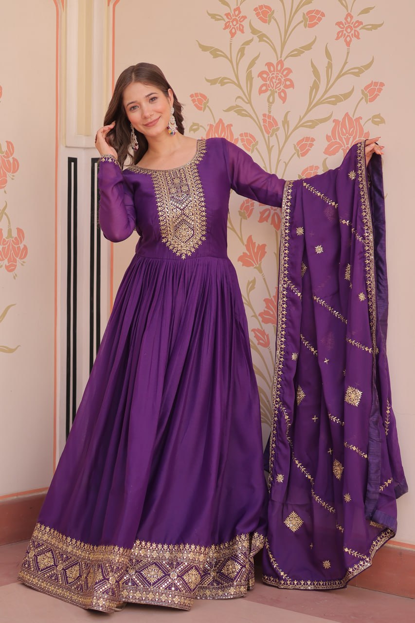 Purple Color Star Georgette Zari Sequins Embroidered Gown with Dupatta