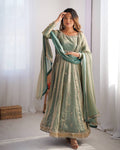 Neelika Sage Green Anarkali Suit Set – designer anarkali suit for women, green ethnic suit set, sequin embroidered gown dress, plus size Indian wear, traditional Indian outfits, wedding guest suit set, long anarkali gown with dupatta, stitched anarkali for party wear, green gown for haldi mehendi, readymade Indian suits for women.