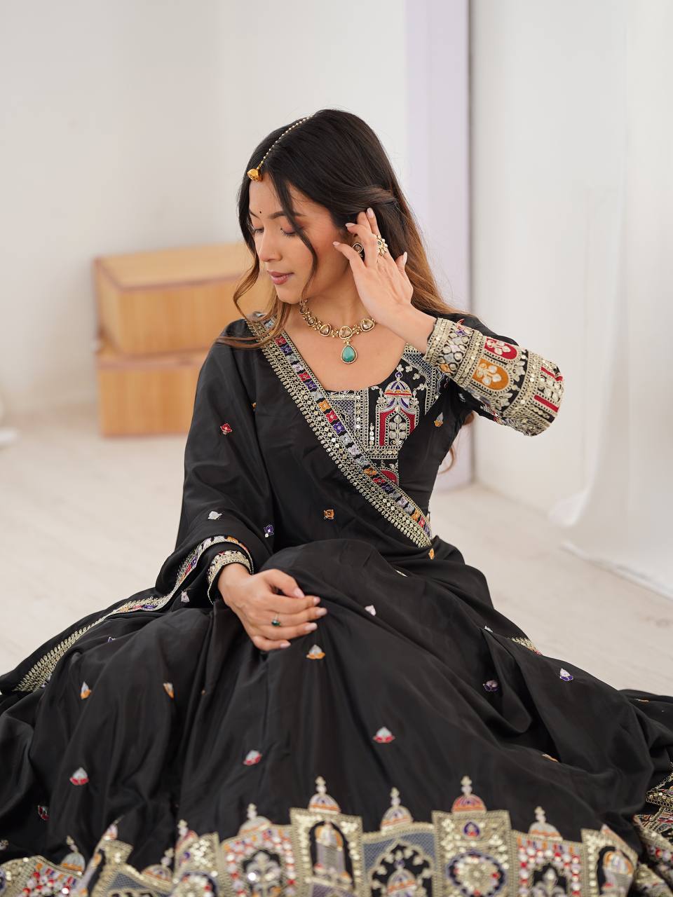 Kavyani Black Natural Crepe Silk Lehenga Choli Set – semi-stitched lehenga with 3-meter flare, canvas patta, cancan, and heavy embroidery in coding dori, thread, and sequins; paired with embroidered dupatta and unstitched matching choli – perfect for weddings, receptions, Diwali, and festive occasions.