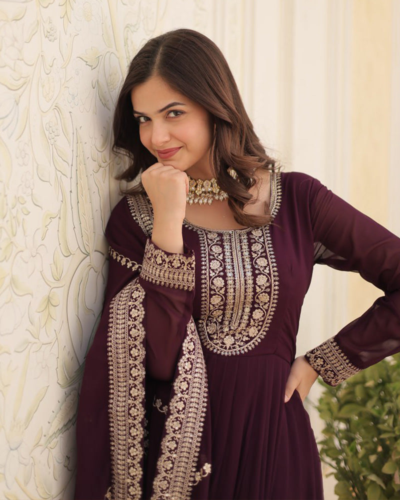 Vasundhara faux blooming wine anarkali gown suit set