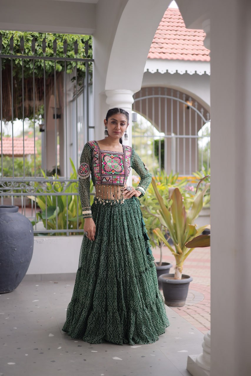 Anjali Green Faux Georgette Bandhani Kutchi Patchework Lehenga