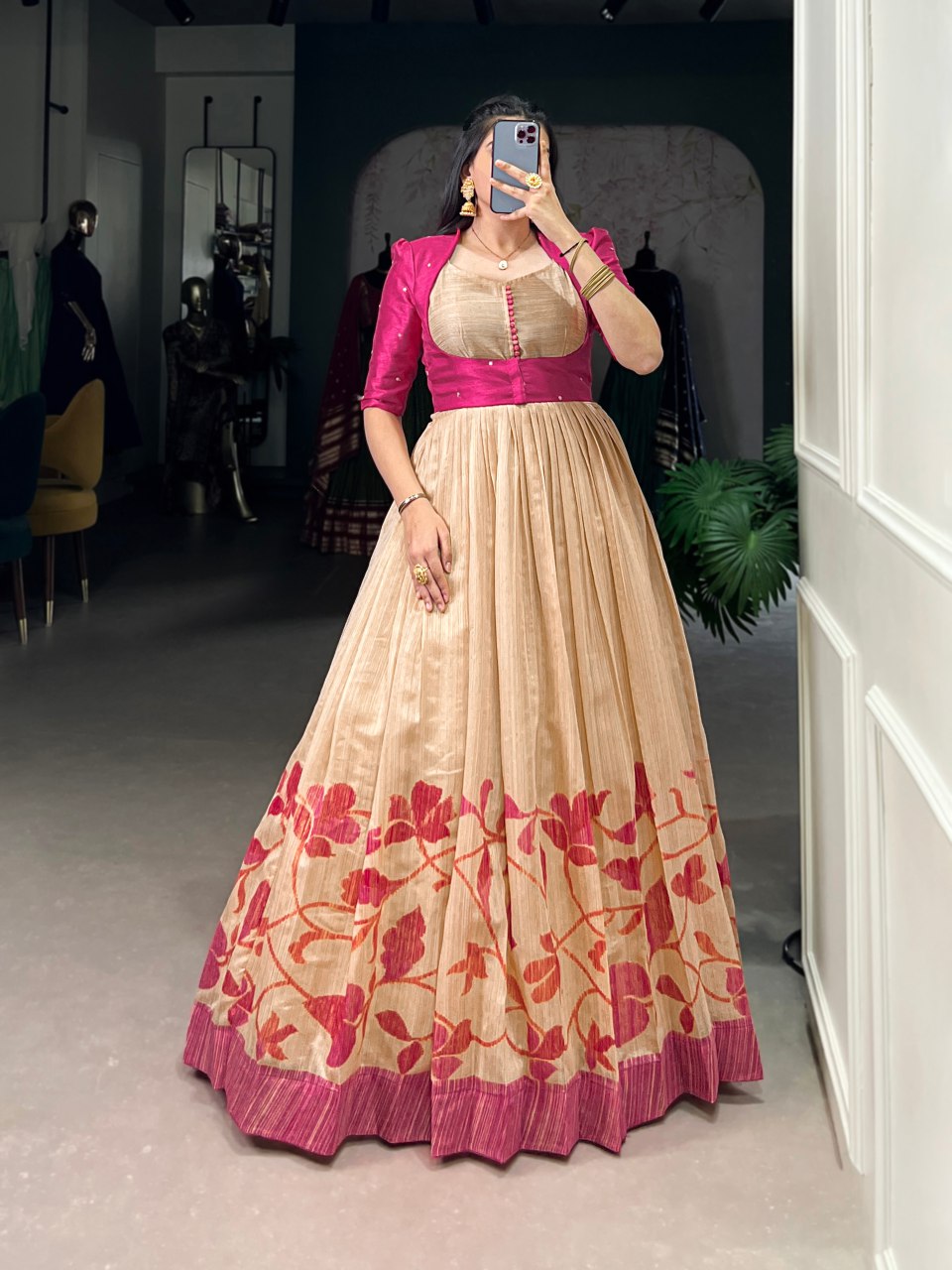 Beige Silk Printed Gown with Embroidered Banglory Koti