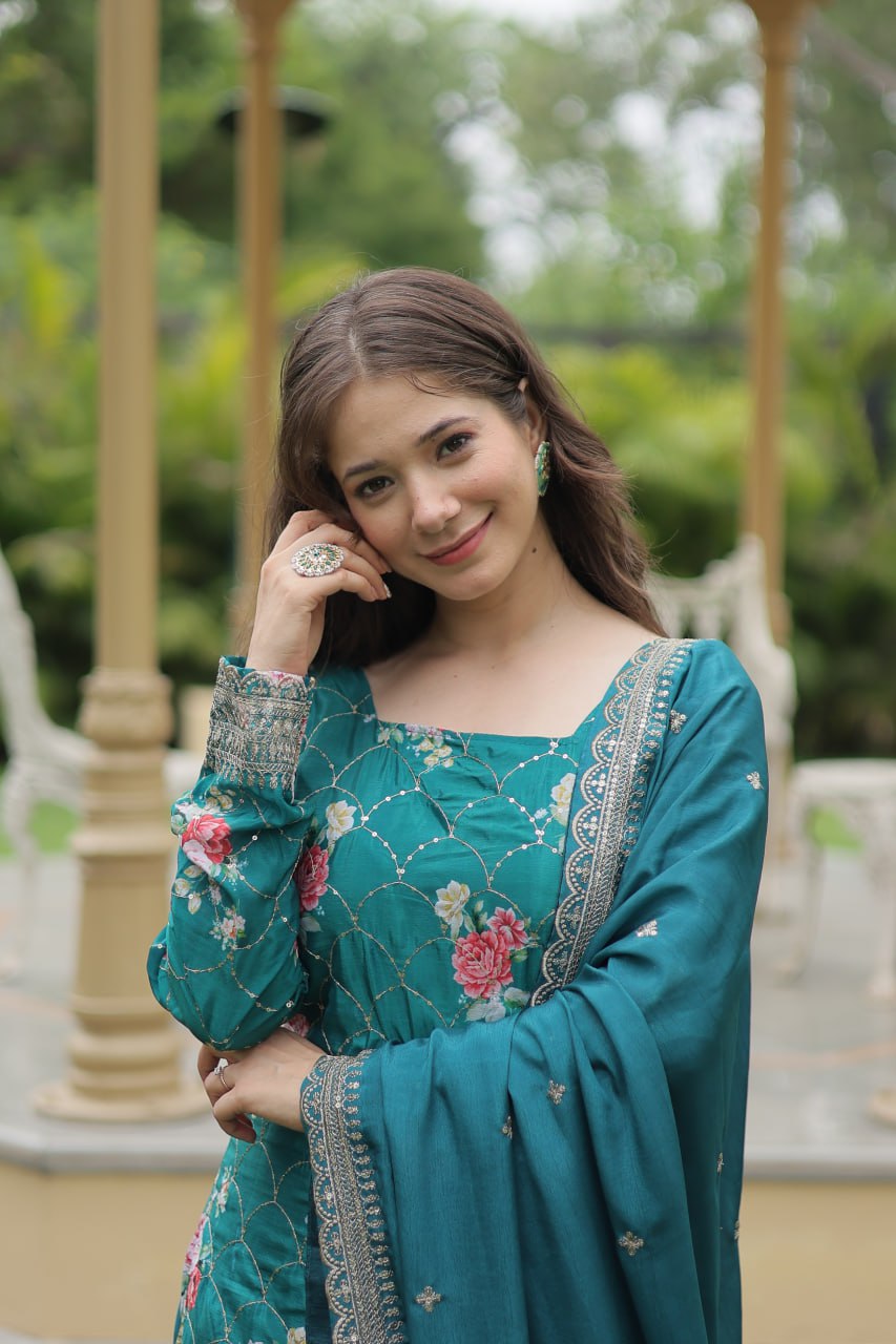 Medhasvi Teal Chinon Embroidered Kurti Sharara Set