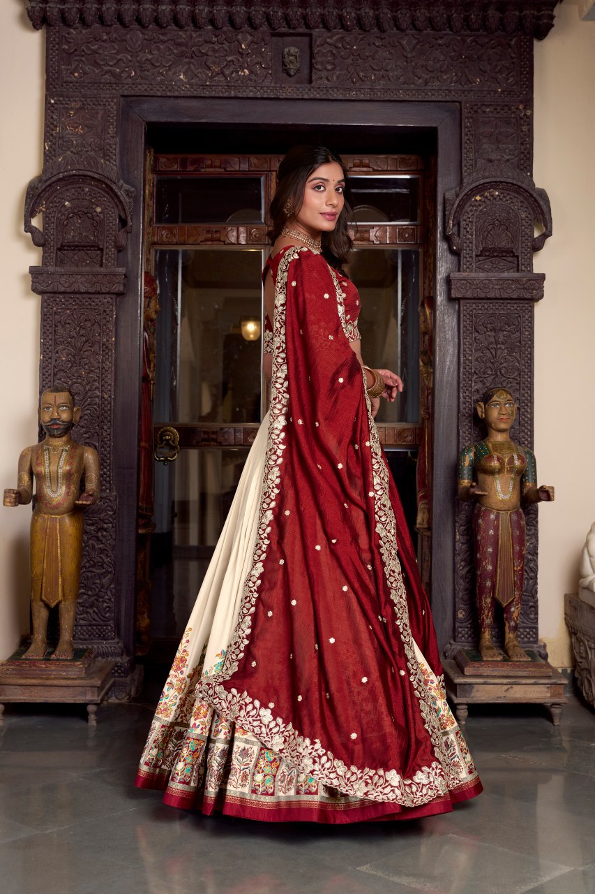 Maroon tussar silk foil print lehenga choli with embroidered dupatta
