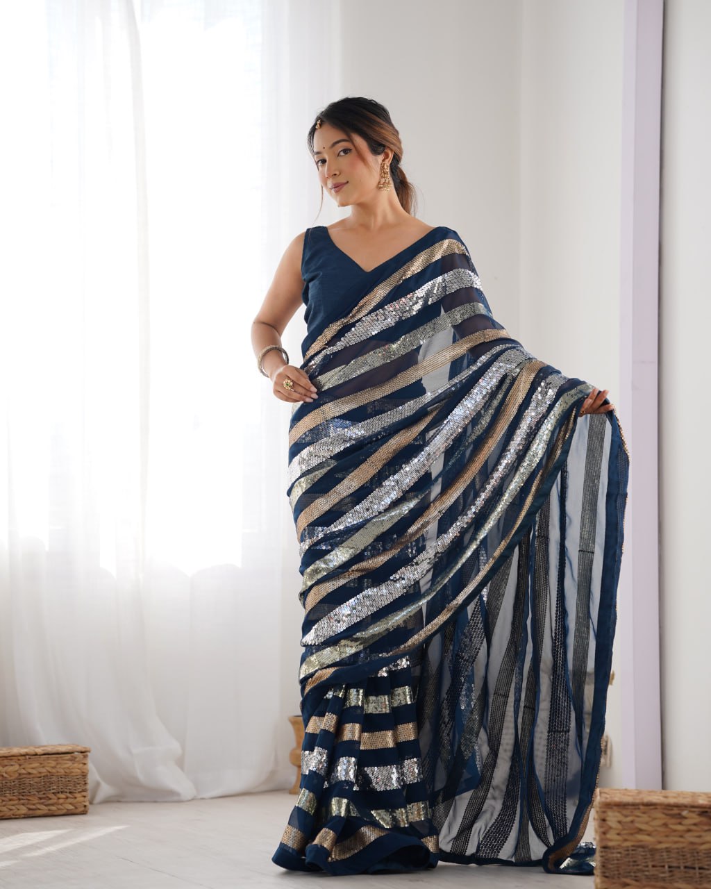 Kira Navy Blue Sequin Embroidery Georgette Saree