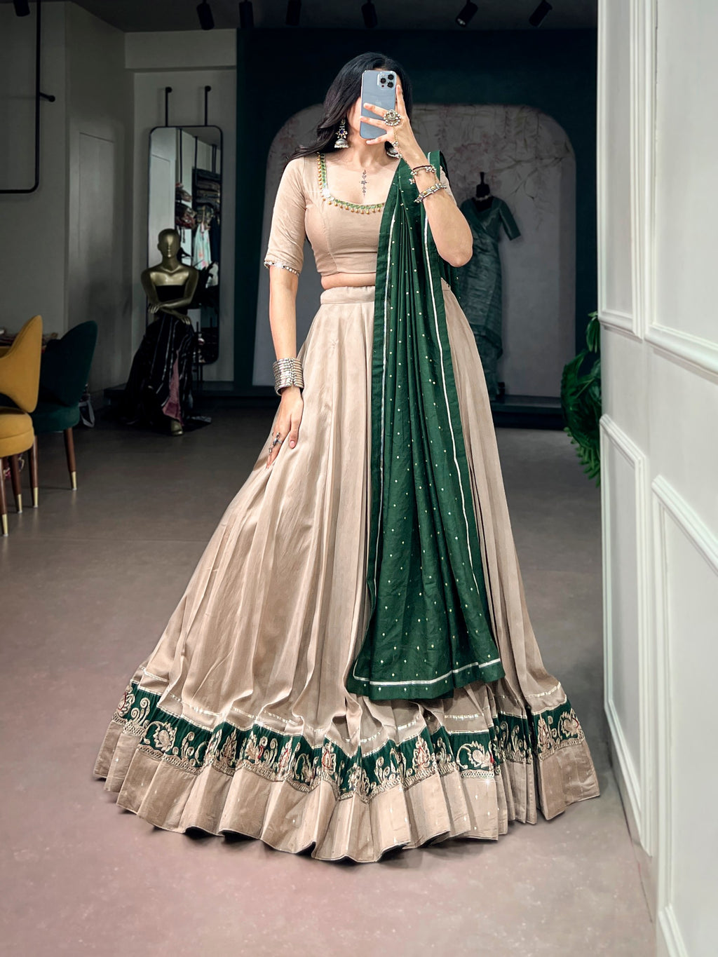 Jiya Beige Chanderi Embroidered Lehenga