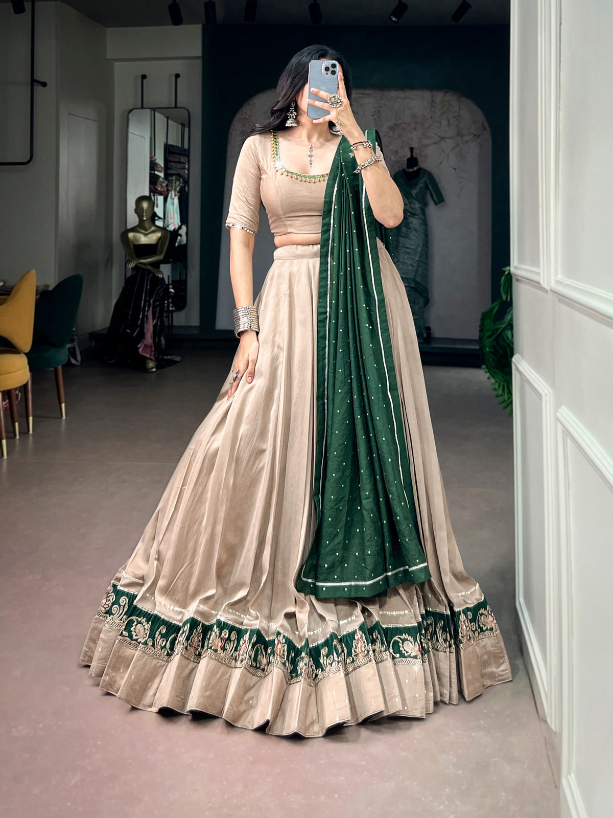 Jiya Beige Chanderi Embroidered Lehenga