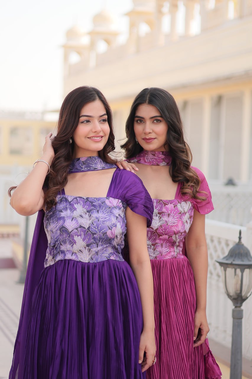 Shanta chinon purple printed anarkali gown set