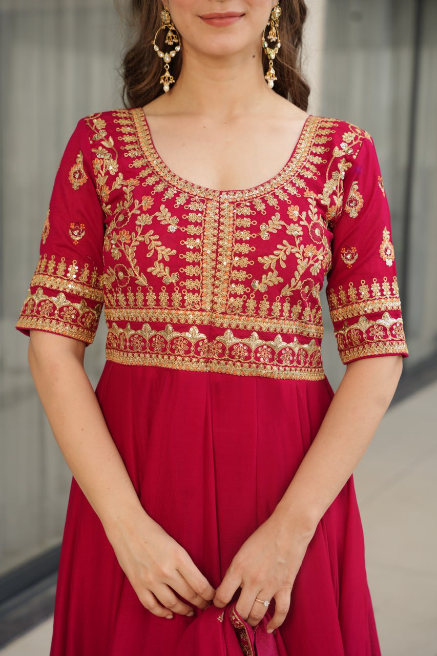 Aadishri Pink Vichitra Silk Gown with multi-sequins and zari embroidery – perfect Indian ethnic wear for weddings, party wear dresses for women, designer gown for women, traditional Indian dress, Indian clothing for women, ethnic wear for girls, gown for wedding function, Indian dress online shopping, full sleeve gown for women, festive wear for ladies.