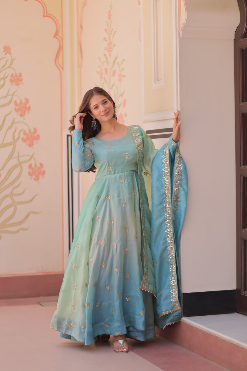 Sky blue organza flair sequins zari embroidery gown with dupatta