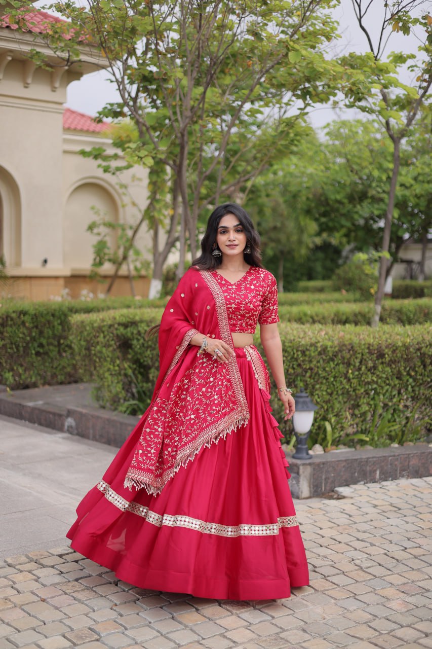 Subhadra Pink Glory Satin Embroidery Zari Sequins Lehenga